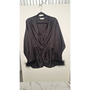 Intempo Womens 2X Black Satin Jacquard Animal Print Feather Cuff Twist Front Top